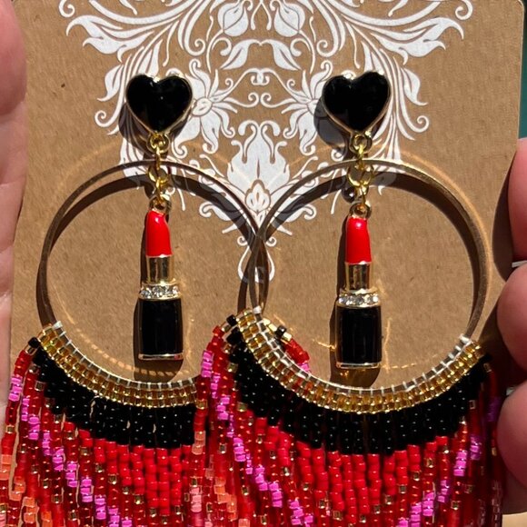 Handmade Beaded Long Tassel Fringe Dangle Drop Lightweight Post Hoop Earrings - Picture 4 of 10